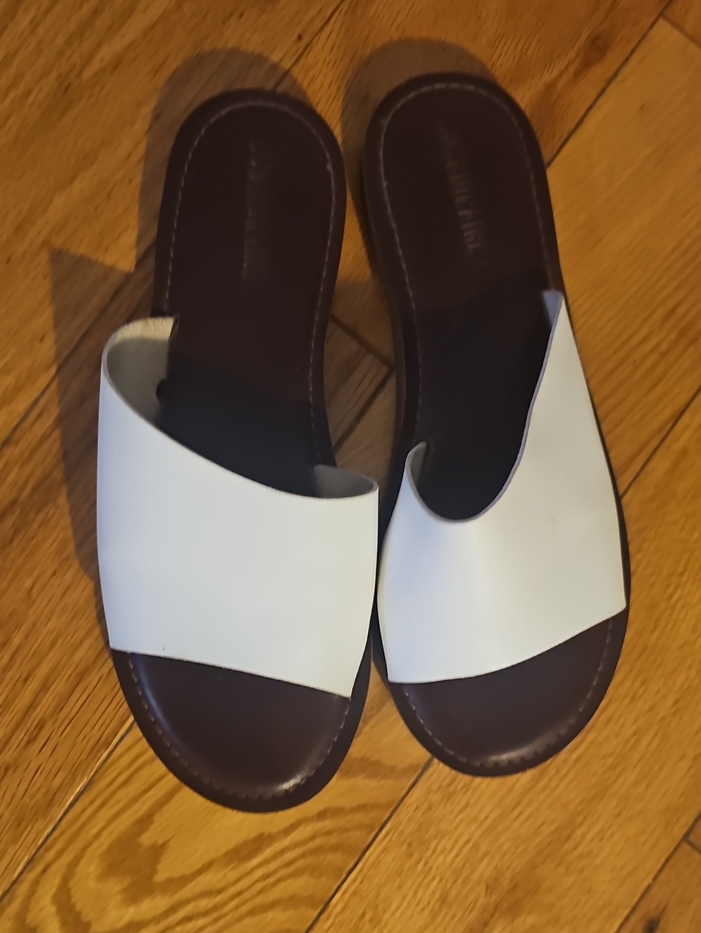 Women’s White Slide Sandals with Dark Brown Footbed